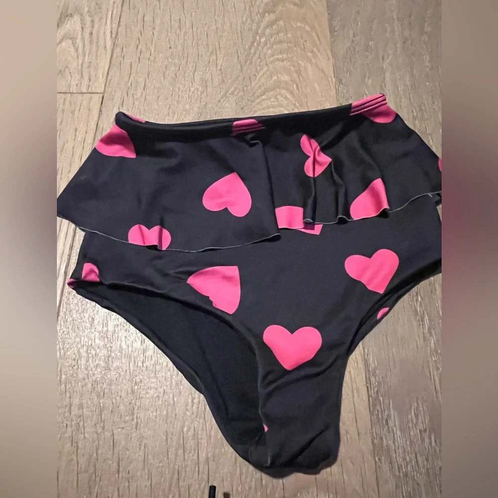 Beach Riot Black Two-Piece Girls Swimsuit with Pink Hearts - Picture 3 of 4